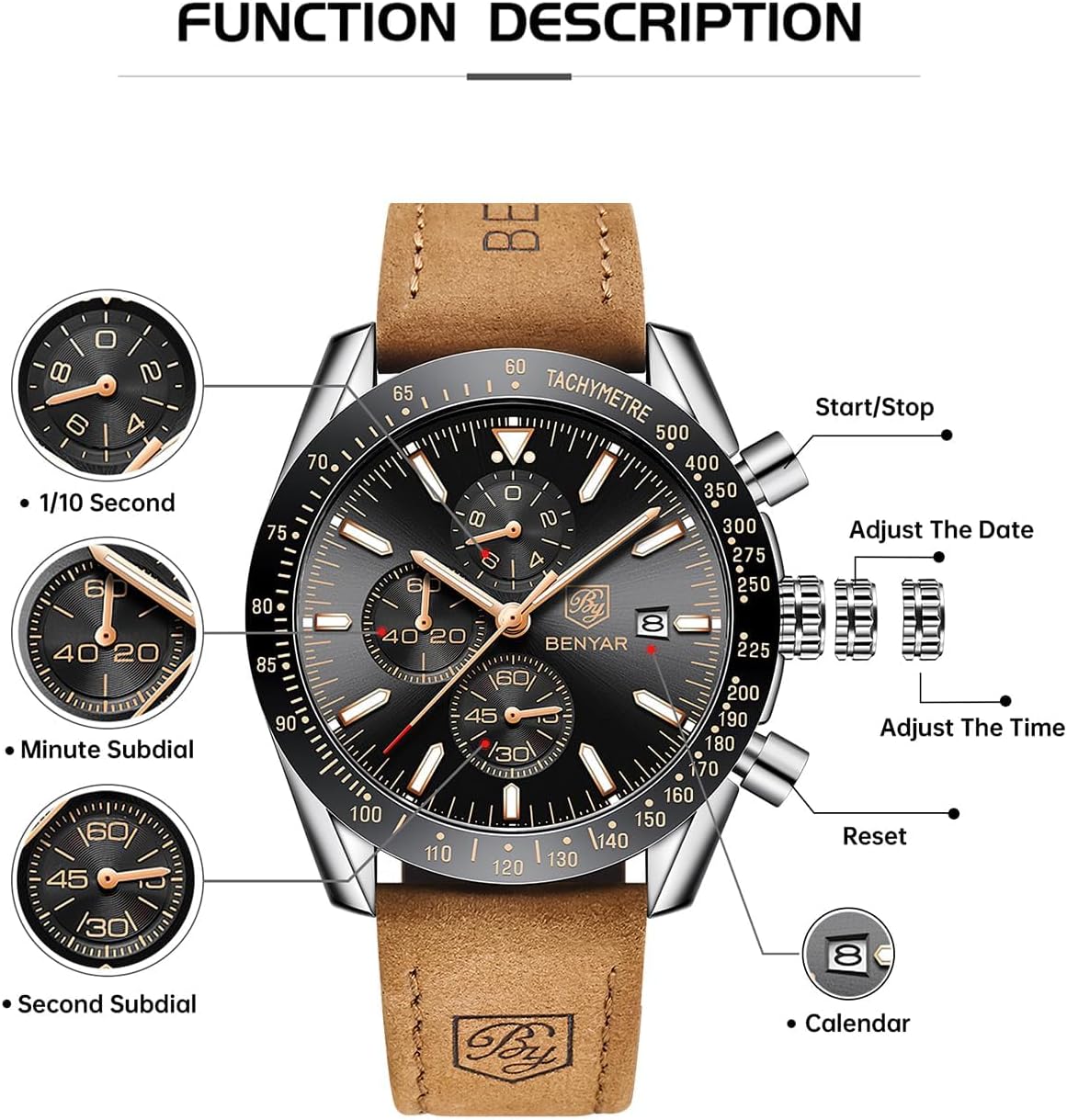 BY BENYAR Watch for Men Analog Quartz Chronograph Waterproof Luminous Designer Big Face Mens Wrist Watches Business Work Sport Casual Dress Watch Elegant Gifts for Men - Image 7