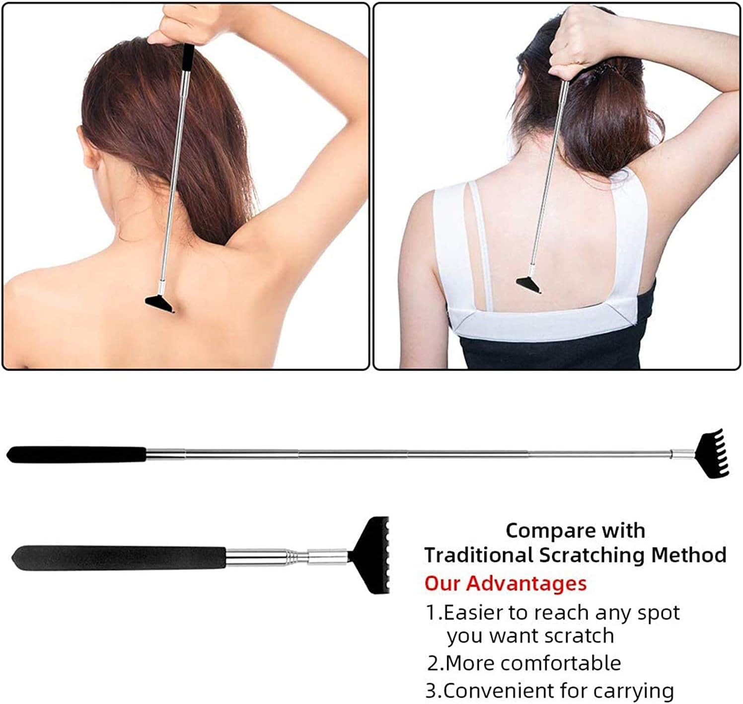 Back Scratcher, WOVTE Black Portable Extendable Stainless Steel Telescoping Back Massager for Adults Men Women Itch Relief (7.87 to 26.77 Inch) - Image 4