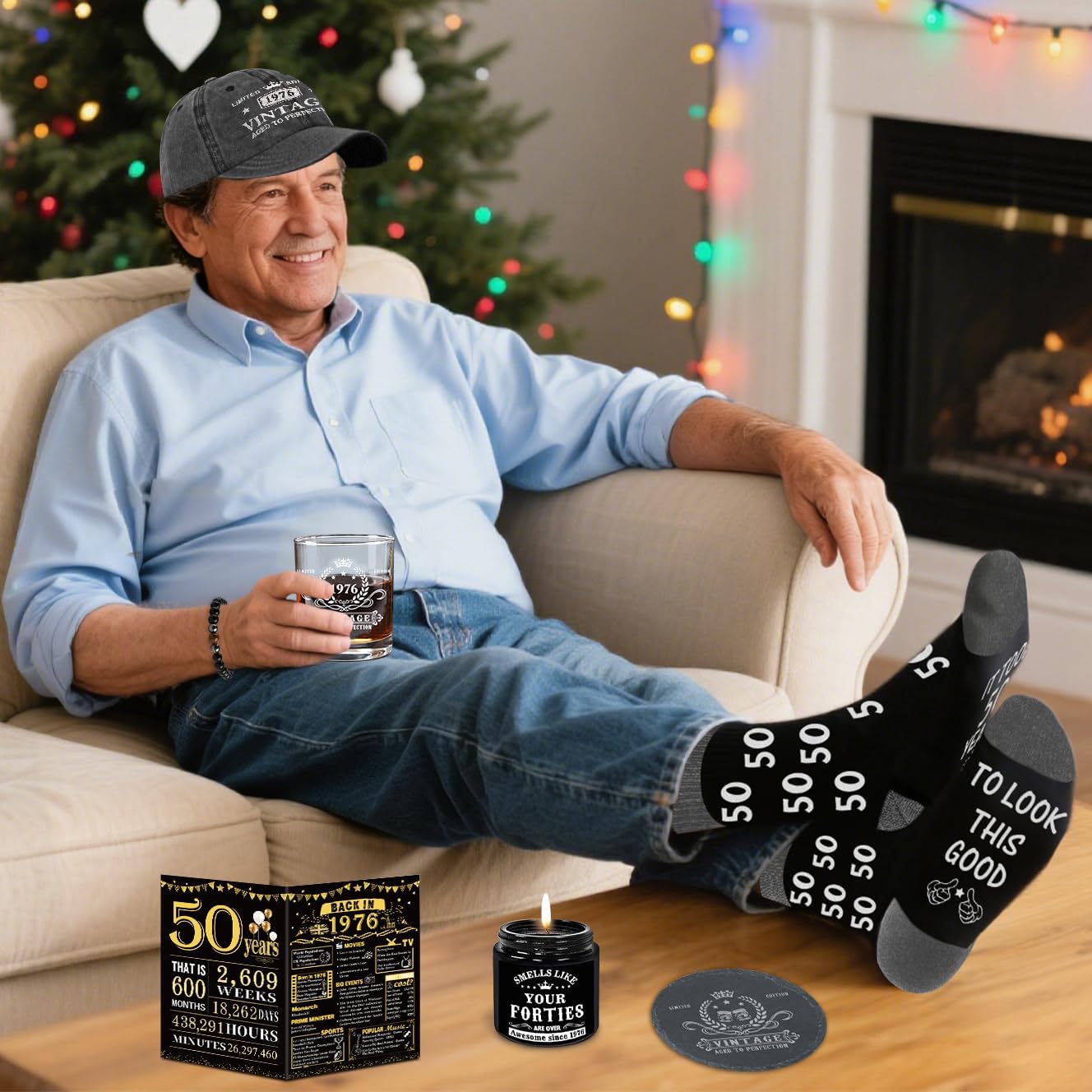 50th Birthday Gifts for Him, Happy 50th Birthday Decorations for Men, 50 Year Old Gifts for Man Who Have Everything, 1976 50th Birthday Gift Baskets for Men Whiskey Glass Baseball Cap Socks Stones - Image 8