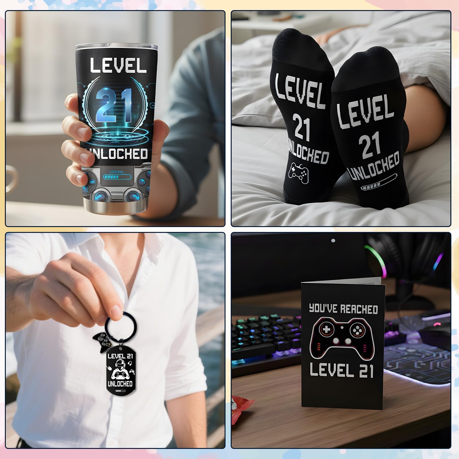 21st Birthday Gifts for Men, 21 Year Old Ideas Presents for Him Mens, Boys Male Unique Gift with Gamer Tumbler, Personalised Card, Funny Socks, Keychain for Son Grandson Brother - Image 2