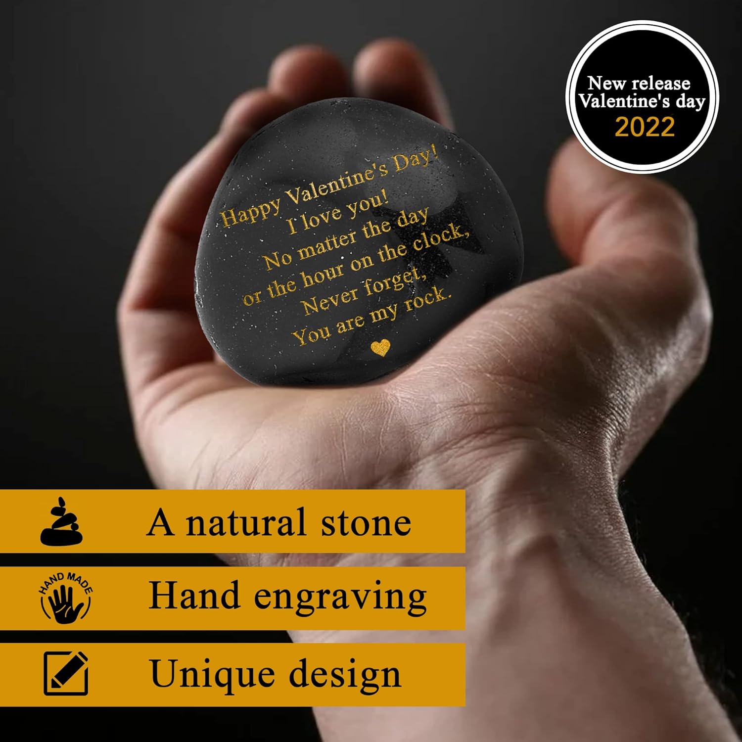 Happy Valentines Day Gift - Black Polished You are My Rock Engraved Pebble - Decorative Stones - Emotional Valentines Gifts for Him, Valentines Gifts for Her - Gifts for Couples - Image 2