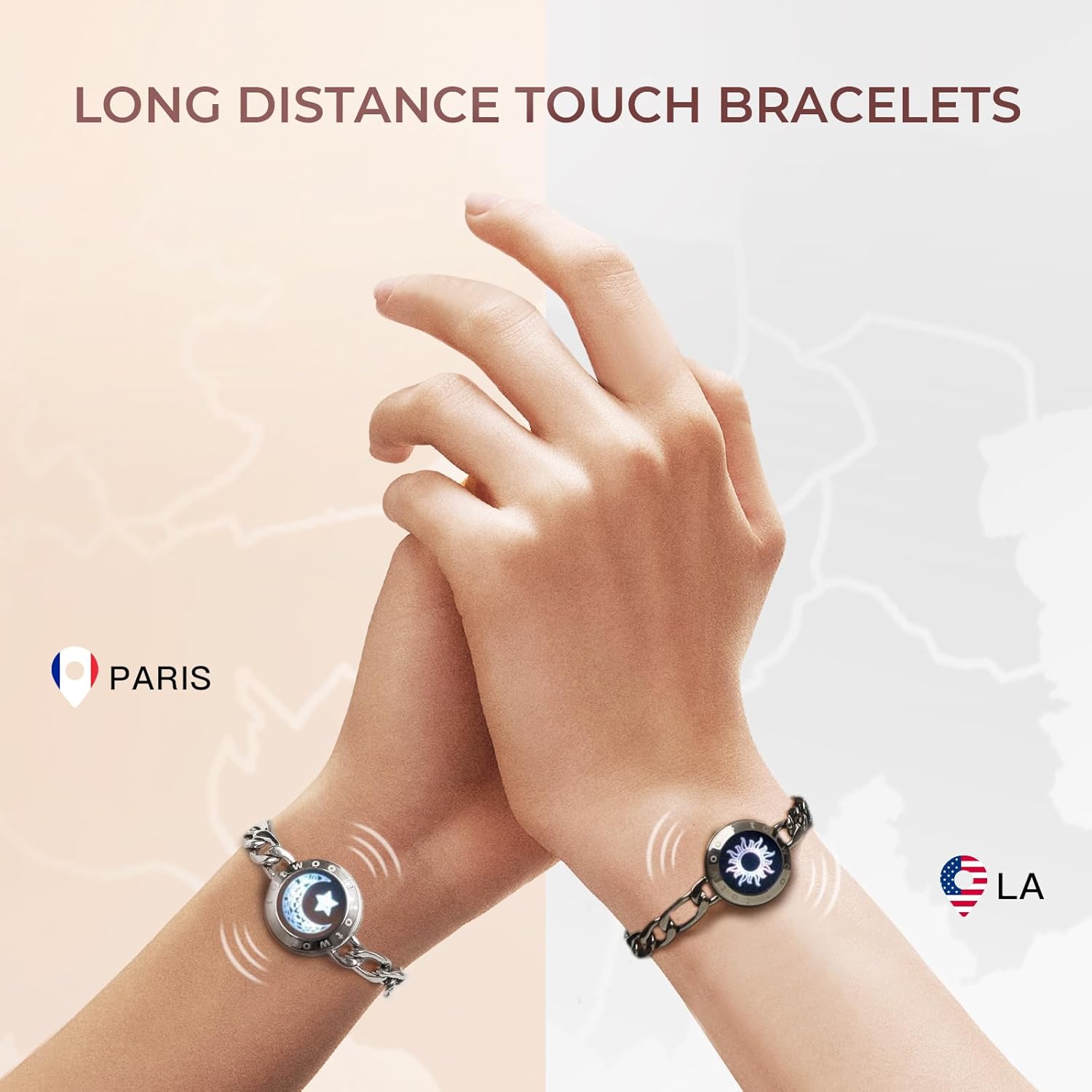 TOTWOO Touch Bracelet for Couple Vibration & Light Up Bracelets Pairing Smart Jewelry Long Distance Gifts Bluetooth App Control Figaro Black & Silver - Image 2