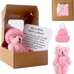 Worry Bear Hug in a Box, A Little Pocket Bear Hug Mini Plush Bears in Box Get Well Soon Gifts for kids Pocket Bears with Inspirational Card Positive Gift for Women Men Valentine’s Day Christmas