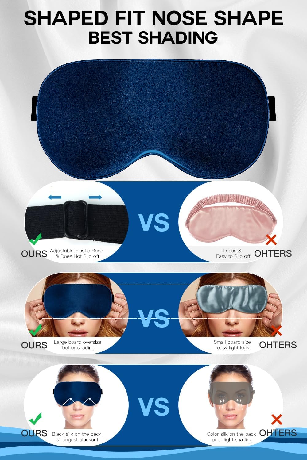 Silk Sleep Mask, 22-Momme 100% Pure Mulberry Silk Light-Blocking Eye Mask with Adjustable Strap, Hypoallergenic, Gifts for Women and Men (Blue) - Image 4