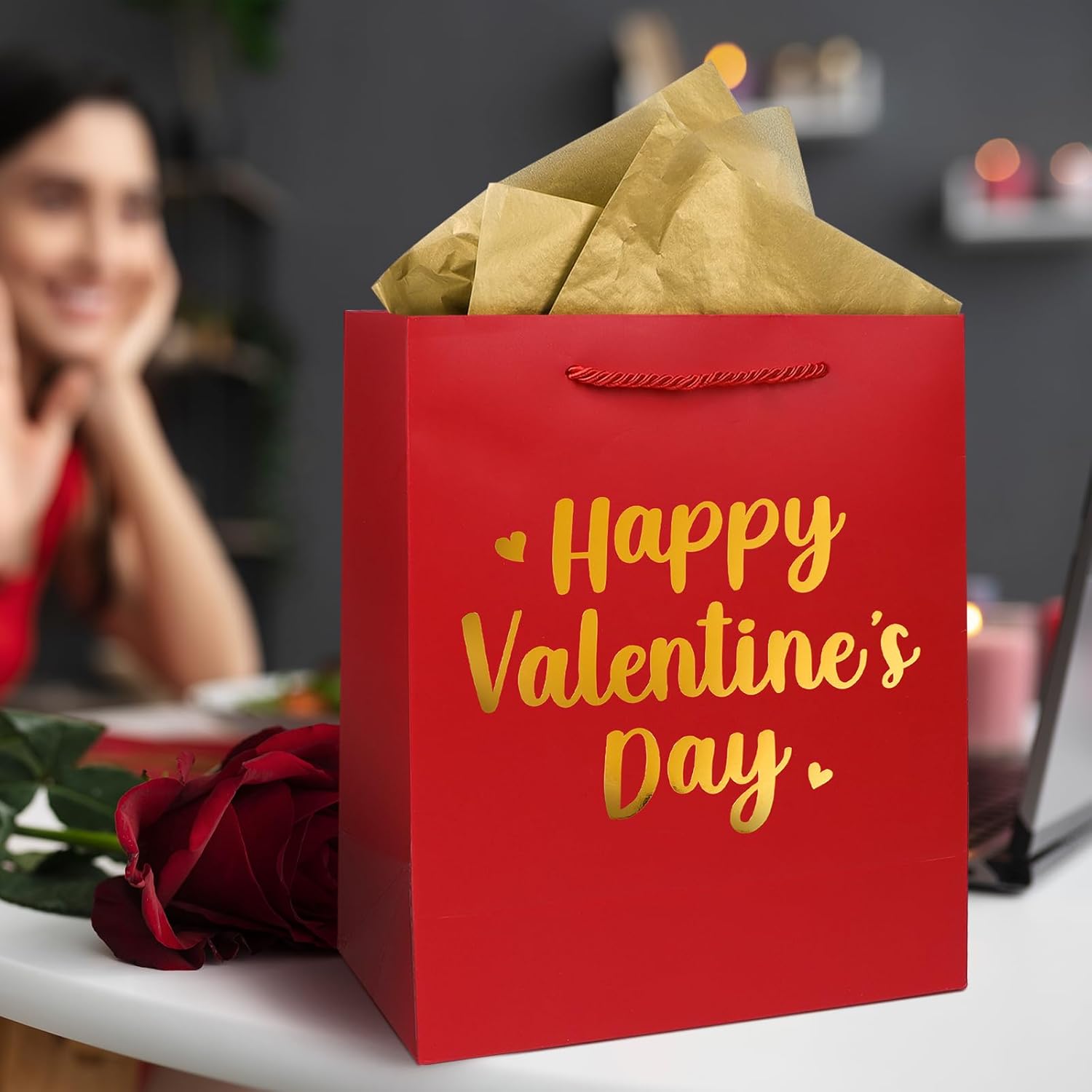 1 Pack Happy Valentine's Day Gift Bag with Tissue Paper Valentines Day Gift Tote Bags for Valentine's Day Present Bag Shopping Gift Wrap Party Favors - Image 4