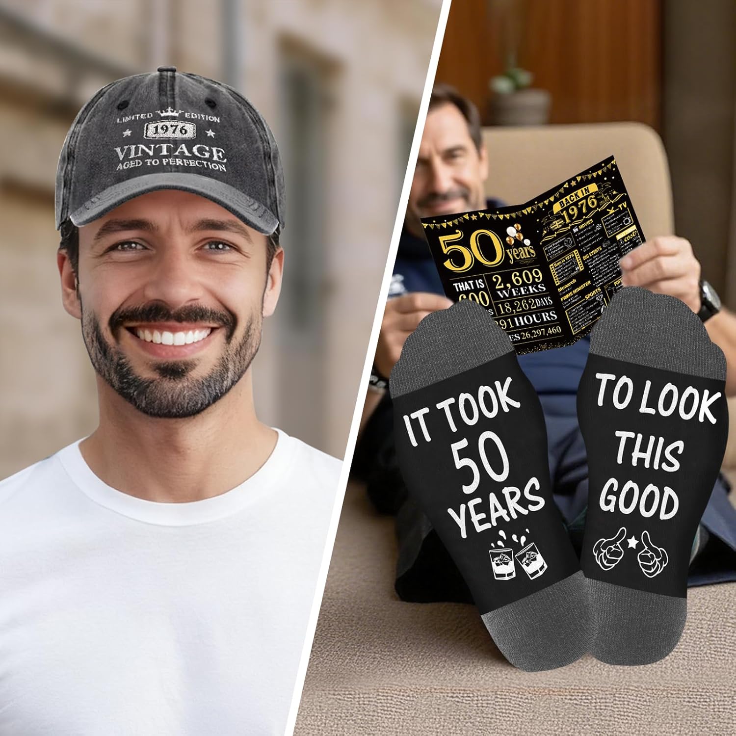 50th Birthday Gifts for Him, Happy 50th Birthday Decorations for Men, 50 Year Old Gifts for Man Who Have Everything, 1976 50th Birthday Gift Baskets for Men Whiskey Glass Baseball Cap Socks Stones - Image 6