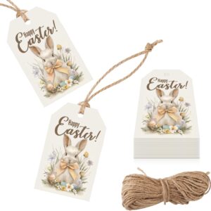 50pcs Happy Easter Bunny Gift Tags, Easter Rabbit Hanging Tag Favor Decoration with String Bunny Pattern Paper Gift Labels Rabbit Party Decoration for DIY Crafts Supplies