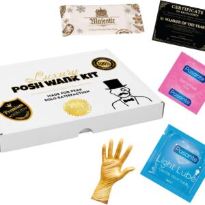 Luxury Posh Wank Kit – Premium Funny Gift Set for Him – Secret Santa Adult Joke Present for Men – Christmas Stocking Filler – Includes Luxury Wipe, Glove, Condom, Lubricant & Joke Accessories