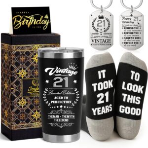 21st Birthday Gifts for Men, Unusual Gifts Ideas for 21 Year Old Men, 21st Birthday Decorations for Him, 20oz Stainless Steel Travel Tumbler Gift Set, Novelty Socks& Kerings Presents for Son