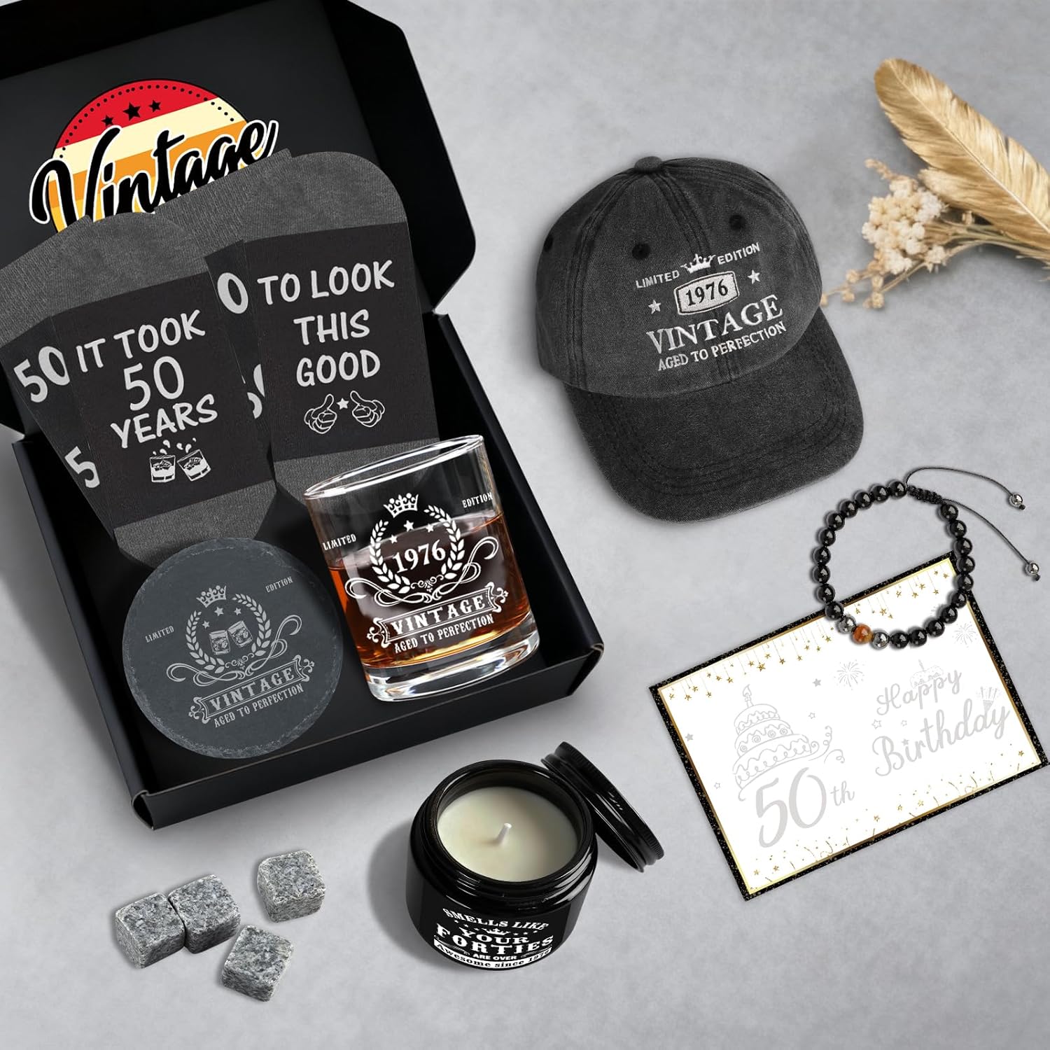 50th Birthday Gifts for Him, Happy 50th Birthday Decorations for Men, 50 Year Old Gifts for Man Who Have Everything, 1976 50th Birthday Gift Baskets for Men Whiskey Glass Baseball Cap Socks Stones - Image 5