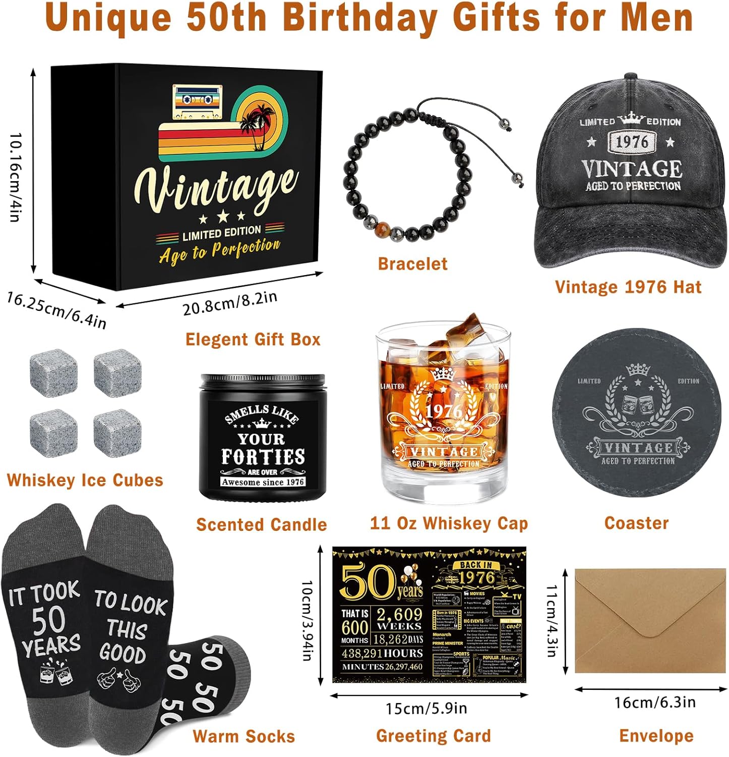50th Birthday Gifts for Him, Happy 50th Birthday Decorations for Men, 50 Year Old Gifts for Man Who Have Everything, 1976 50th Birthday Gift Baskets for Men Whiskey Glass Baseball Cap Socks Stones - Image 2
