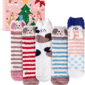 Christmas Gifts for Women Fluffy Socks – Ladies Fluffy Bed Sock Womens Girls Cosy Fuzzy Warm Thermal Dog Cat Socks 4-7, Stocking Fillers Women Advent Calendar Xmas Secret Santa Gifts for Mum Her Girls