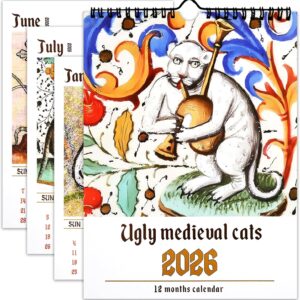 Ugly Medieval Cats Calendar 2026, Funny Calendar 2026 for Cat Lovers, Weird Medieval Cats Wall Calendar from January to December for Wall Art & Gag Humour