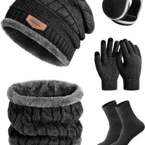 heekpek Mens Hat Scarf Glovers Set Unisex 5PCS Winter Set in Gift Box Fleece Lining Knitted Beanie Hat Earmuffs Neck Warmer Knit Gloves Thermal Socks Gift Set for Skiing Hiking Driving