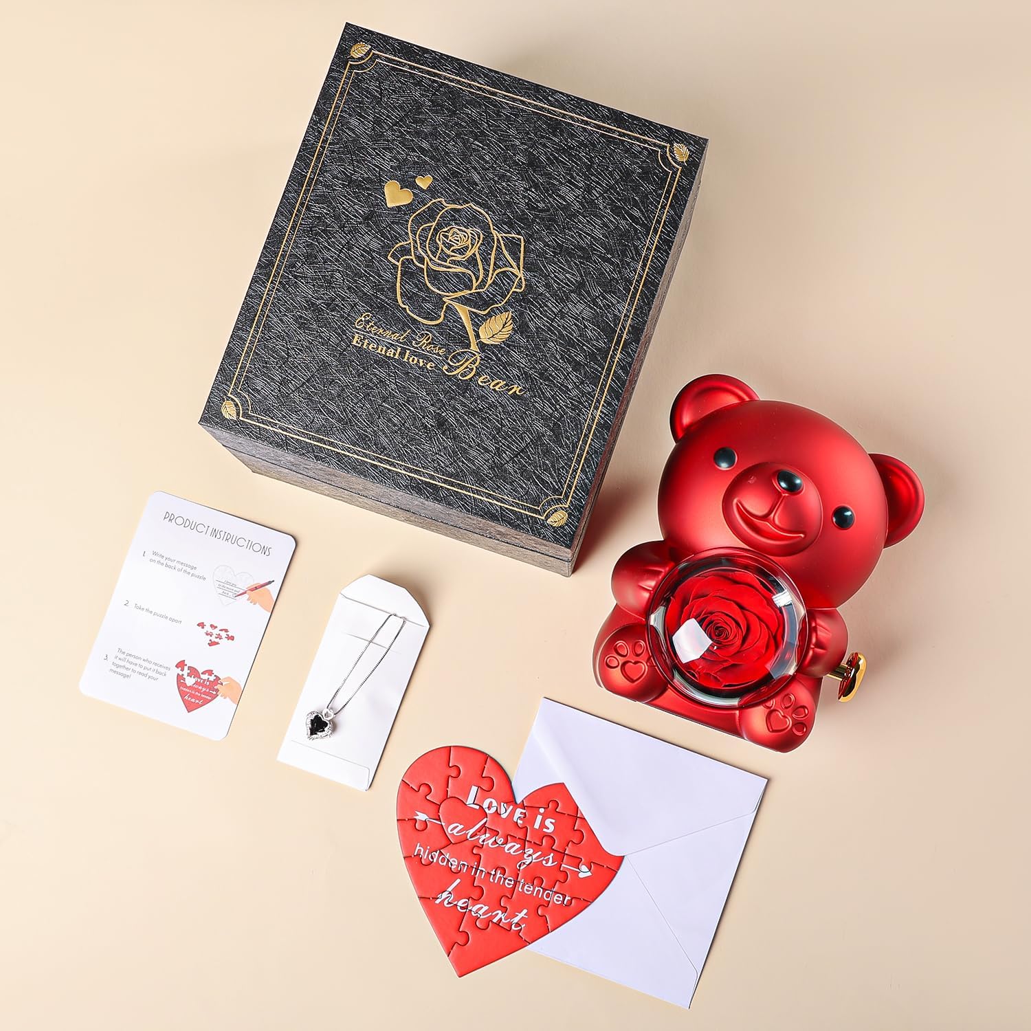 Romantic Teddy Bear with Preserved Rose - Hidden Jewelry Box and Heart-Shaped Necklace - Unique Gift for Her - Valentine's Day, Mother's Day, Weddings, Anniversaries, Bridal Showers (Red) - Image 7