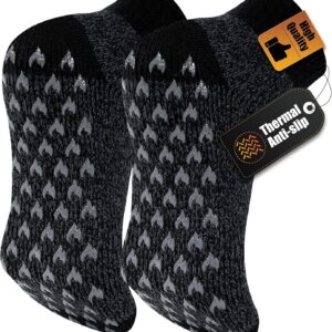 Mens Thermal Slipper Socks with Anti Slip Grips 1 Pair – Thick Fluffy Non Slip House Socks, Warm Knitted Bed Socks for Men Winter & Christmas, Sizes 6-11 11-15 Black Grey Blue
