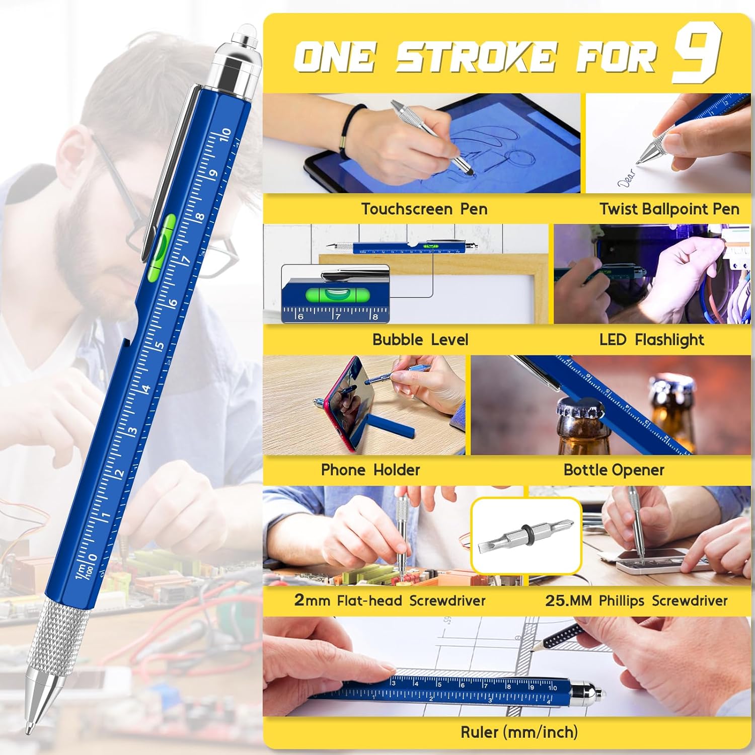 Valentines Gifts for Him, Gifts for Men, 9 in 1 Multi Tool Pen, Birthday Gift Gadgets for Men/Dad, Father's Day Gift - Image 3