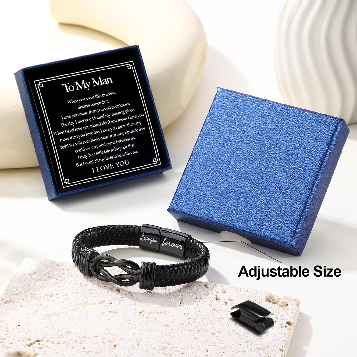 Gift To Men Husband Boyfriend Leather Bracelet for Men Boys Adjustable Black Leather Bracelets With Stainless Steel Magnetic Clasp Birthday Christmas Anniversary Valentines Gift - Image 2