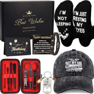 Gifts for Men – 7-Piece Gift Set with Baseball Cap, Socks, Bracelet, Keychain, Manicure Tools & Greeting Cards – Perfect for Birthdays, Father’s Day, Christmas, Retirement for Dad, Husband, Grandad