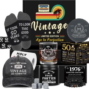 50th Birthday Gifts for Him, Happy 50th Birthday Decorations for Men, 50 Year Old Gifts for Man Who Have Everything, 1976 50th Birthday Gift Baskets for Men Whiskey Glass Baseball Cap Socks Stones