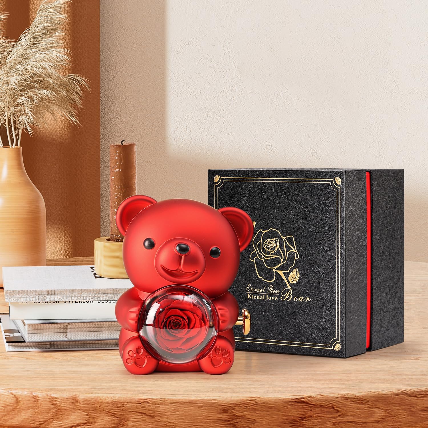 Romantic Teddy Bear with Preserved Rose - Hidden Jewelry Box and Heart-Shaped Necklace - Unique Gift for Her - Valentine's Day, Mother's Day, Weddings, Anniversaries, Bridal Showers (Red) - Image 5