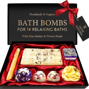 Satin Naturel Luxury Gifts for Women – Organic Handmade Bath Bombs 7pcs with Essential Oils & Shea Butter – Premium Gift Box – Perfect Gifts for Her & Girls