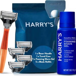 Harry’s Razors for Men – Men’s Razor Set with Bright Orange Handle, 5 Razor Blade Refills, Travel Blade Cover, 60ml Shave Gel