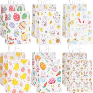 Stowetry Easter Paper Bags,12 Pcs Easter Gift Candy Decorations Goodie Bags,Coloured Party Bag with Handles for Kids School Party Basket Containers Decor Supplies (White)