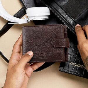 Men Walletm, Soft Leather Wallet with Coin Pocket ID Card Windows, Card Slots, Cash Slots and Zipper Pocket Bifold Wallet, Brown, Simple